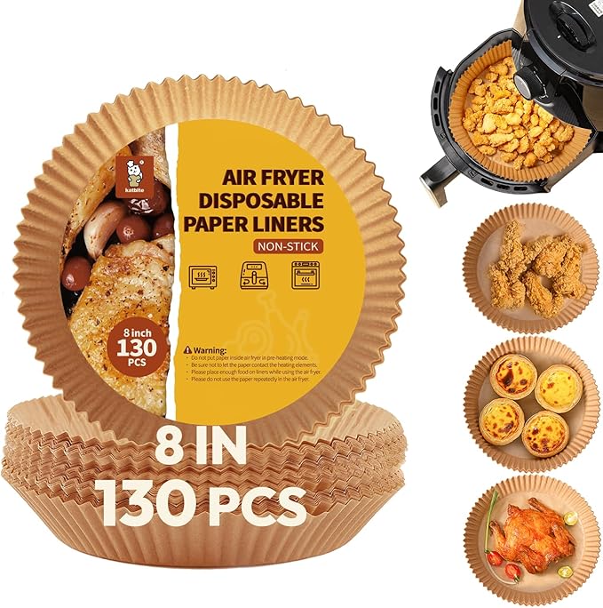 Katbite Round Air Fryer Liners Disposable, 8 inch Non-Stick Air Fryer Paper Liners, Unbleached Parchment Paper for 5 to 8 Qt Basket; Frying, Baking, Cooking, Roasting - Easy Cleanup - 130pcs