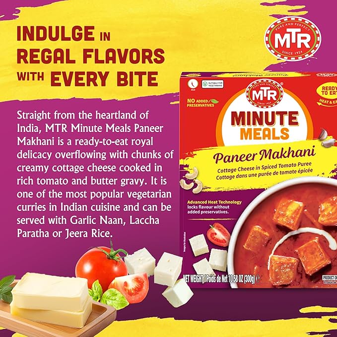 MTR - Minute Meals: Paneer Makhani - Cottage Cheese in Spiced Tomato Puree - Tasty Indian Meal with No Added Preservatives - A Quick Meal Suitable for Vegetarians, Ready in Minutes! (Pack of 6)