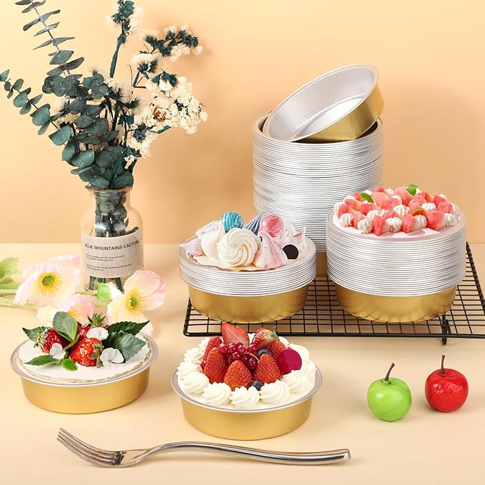 Beasea Aluminum Ramekins 100 Pack, 7.3oz 215ml Disposable Ramekins Foil Cups No Lids 4" Baking Ramekin Cup Cupcake Aluminum Mini Baking Cups for Party - Golden