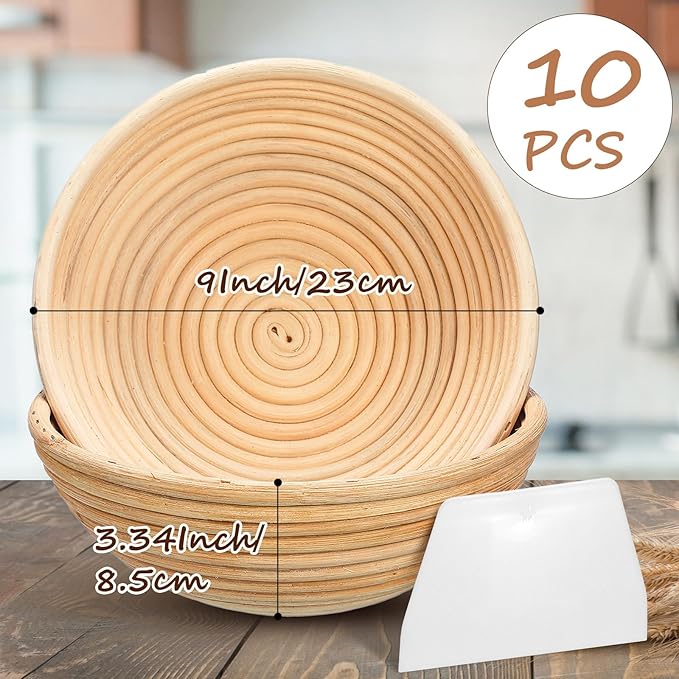 Patelai 10 Pieces Banneton Bread Proofing Basket Round Sourdough Proofing Basket Banneton Basket Dough Bowl with Liners and Scrapers for Home Making Bread Bakers Baking(9 Inch)