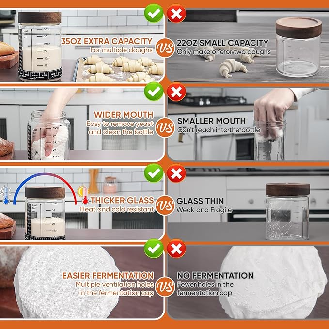 77L 2 Pack Sourdough Starter Jar, 35 oz Sourdough Starter Kit with Date Marker Feeding Band, Thermometer, Food-Grade Scraper, Cloth Cover and Acacia Wood Lid, Sourdough Bread Baking Supplies