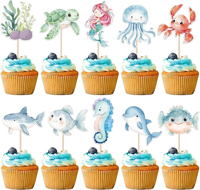 40 Pack Marine Animal Cupcake Toppers Glitter Starfish Hippocampus Seaweed Ocean Sea Animal Creature Marine Cupcake Picks Kids Birthday Baby Shower Summer Cake Decorations Style 2