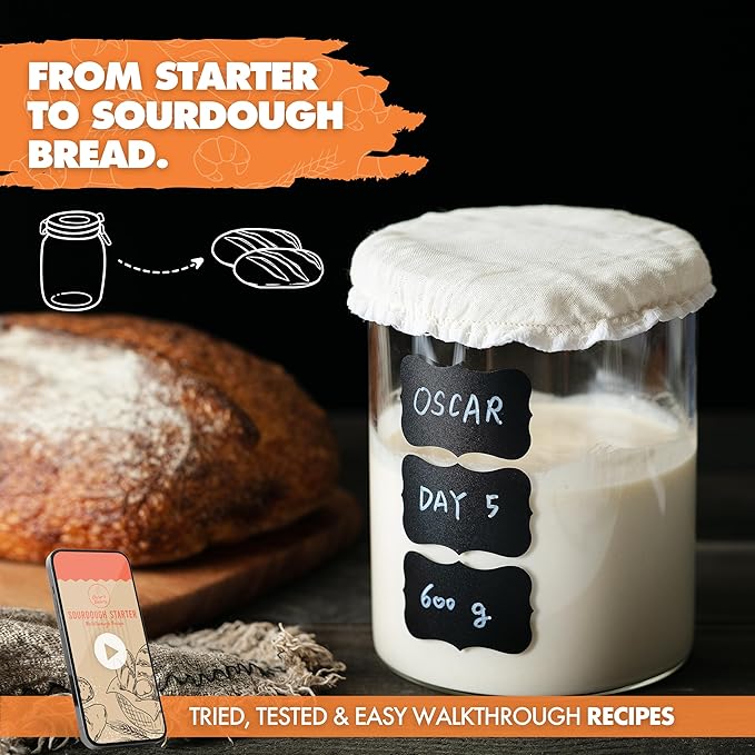 Oscar's Bakery Sourdough Starter Jar Kit ??Sour dough Glass Crock with Lid, 40 oz, Includes Accessories & Recipe, Large Sourdough Jar for Bread Baking Supplies