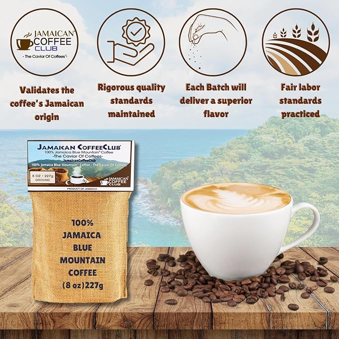 JamaicanCoffeeClub 100% Jamaican Blue Mountain Coffee Ground ??RG 8oz Fresh Roasted Beans, Smooth Bold Flavor, Premium Coffee from Jamaica, Medium Grind ??Rich Taste Gourmet Blend