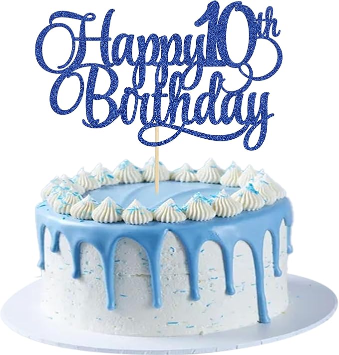 1 Pack Happy 10th Birthday Cake Topper Glitter Number 10 Ten Years Old Birthday Cake Pick Decoration for Celebrating 10th Birthday Anniversary Party Supplies Blue