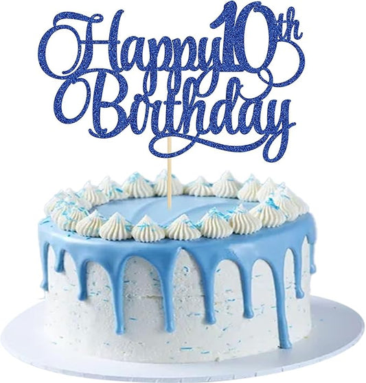 1 Pack Happy 10th Birthday Cake Topper Glitter Number 10 Ten Years Old Birthday Cake Pick Decoration for Celebrating 10th Birthday Anniversary Party Supplies Blue