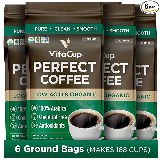 VitaCup Perfect Low Acid Coffee Ground, USDA Organic & Fair Trade, Dark Roast Guatemala Single Origin, Clean & Pure for Drip Coffee Brewers and French Press, 6 bags, 11oz each