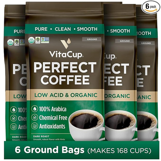 VitaCup Perfect Low Acid Coffee Ground, USDA Organic & Fair Trade, Dark Roast Guatemala Single Origin, Clean & Pure for Drip Coffee Brewers and French Press, 6 bags, 11oz each
