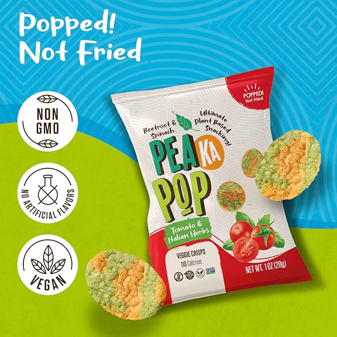 PeaKaPop Veggie Chips ??Plant-Based, Healthy Veggie Crisps with Pea, Lentil & Chickpea Protein ??Vegan, Gluten-Free, Popped Chips ??Snack Size for Kids & Adults ??1 oz Bags (15-Pack) ??Tomato & Italian Herbs