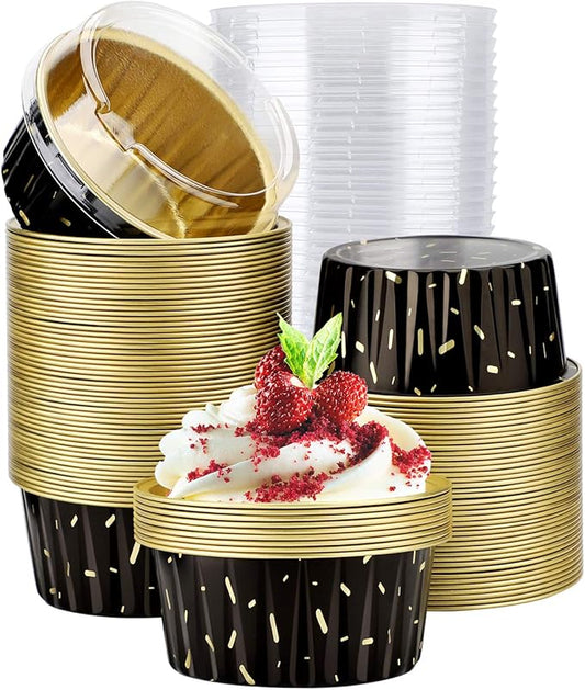 EUSOAR Aluminum Foil Baking Ramekins, 100pcs 5oz 125ml Muffin Liners with Lids, Silver, Both Disposable and Reusable, Perfect for Parties, Holidays, Celebrations