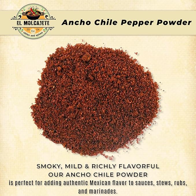 Ancho Chile Powder 4 oz Premium Single Ingredient From Mexico El Molcajete Brand for Sauces, Salsa, Pasta, Chili, Meat, Pizza, Potatoes, Vegetables, Soups, Stews, Chicken and BBQ