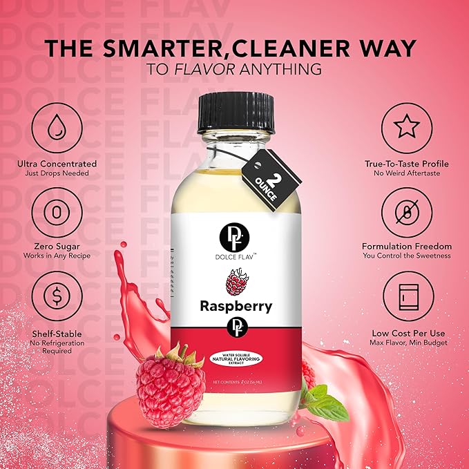 Dolce Flav Natural Raspberry Extract 2 oz ??Kosher, Sugar-Free, Concentrated Tart Raspberry Flavoring for Baking, Beverages & Desserts, Includes Measured Dropper