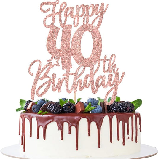 1 PCS Happy 40th Birthday Cake Topper Glitter Cheers to 40 Years Birthday Cake Pick Forty Hello 40 Fabulous Cake Decoration for Happy 40th Birthday Anniversary Party Decorations Rose Gold