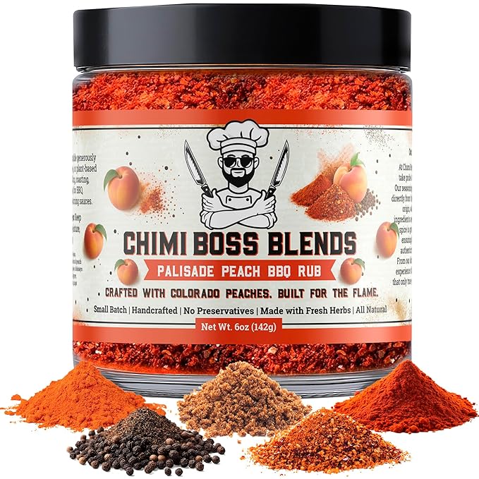 Chimi Boss Blends Palisade Peach BBQ Seasoning, 6oz ??Sweet & Smoky Peach Dry Rub for Grilling, Smoking & BBQ ??Gourmet Small-Batch Spice Blend for Chicken, Pork, Ribs & Vegetables - Made in USA