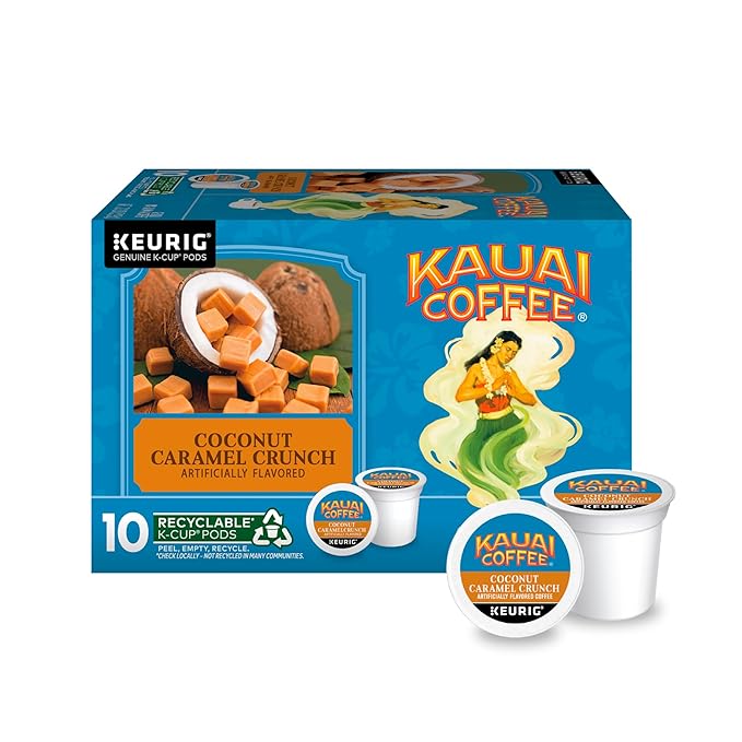 Kauai Coffee K-Cup Pods for Keurig Brewers – Arabica Coffee, 10% Hawaiian – Medium Roast, Nutty Caramel with Tropical Coconut – Coconut Caramel Crunch, 1 Pack of 10 Single Serve K-Cups