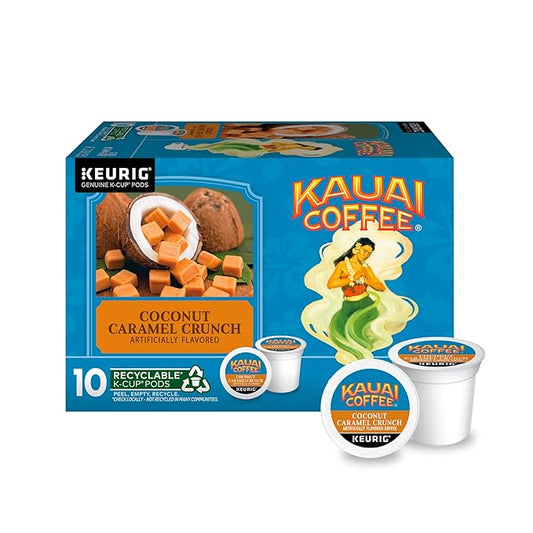 Kauai Coffee K-Cup Pods for Keurig Brewers – Arabica Coffee, 10% Hawaiian – Medium Roast, Nutty Caramel with Tropical Coconut – Coconut Caramel Crunch, 1 Pack of 10 Single Serve K-Cups