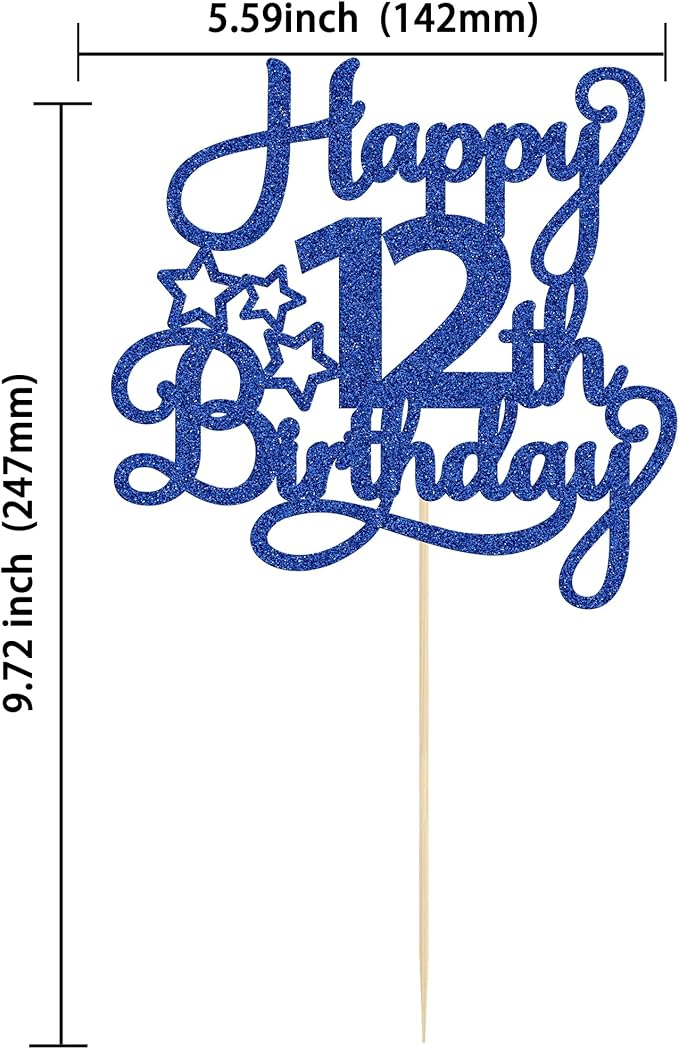 1 Pack Happy 12th Birthday Cake Topper Glitter Heart Star 12 Fabulous Cake Pick Birthday Sign Cake Decorations for Children 12th Birthday Theme Party Supplies Blue