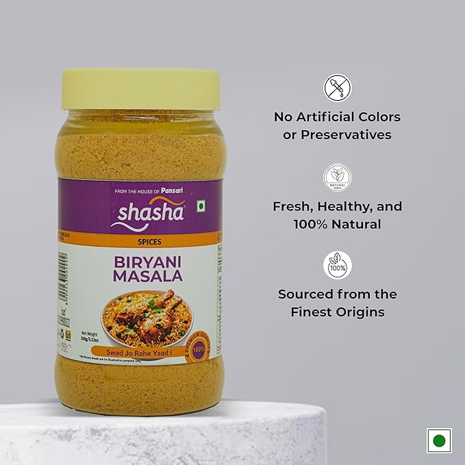 SHASHA Biryani Masala Seasoning Mix – 3.52 oz (Pack of 3) – Perfect for Chicken, Meat & Vegetable Biryani – Indian Cooking, Curry, Garam Masala – No Artificial Ingredients – Authentic Spice Jar for Flavorful Layered Rice