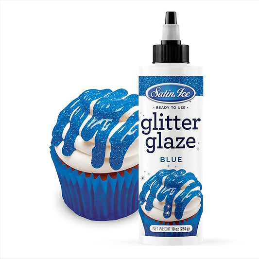 Satin Ice Blue Glitter Glaze (10oz Bottle) For Decorating Cakes, Cupcakes, Brownies, and Doughnuts