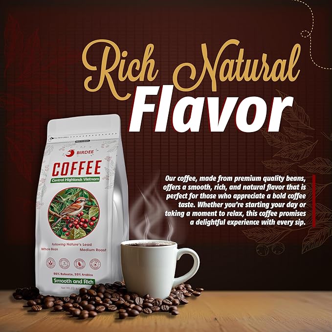 Birdee Vietnamese Coffee ??2.2 LB, Medium Roast Whole Bean, Arabica and Robusta Blend, Hand-Picked, Resealable Bag, Smooth Flavor, Low Acid, High Caffeine, Single-Origin