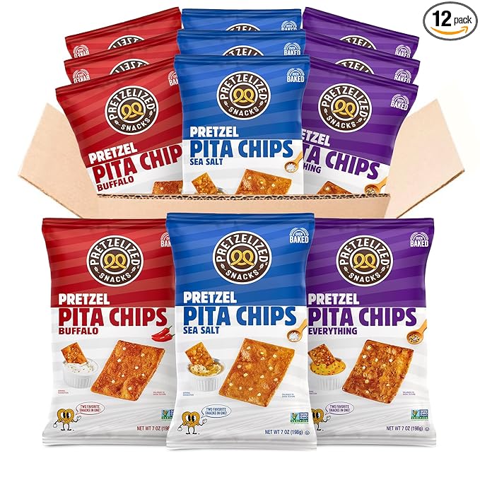 Pretzelized Pretzel Pita 12 Pack Variety - Sea Salt, Everything, Buffalo Pretzelized Snacks Pita Chips MultiPack