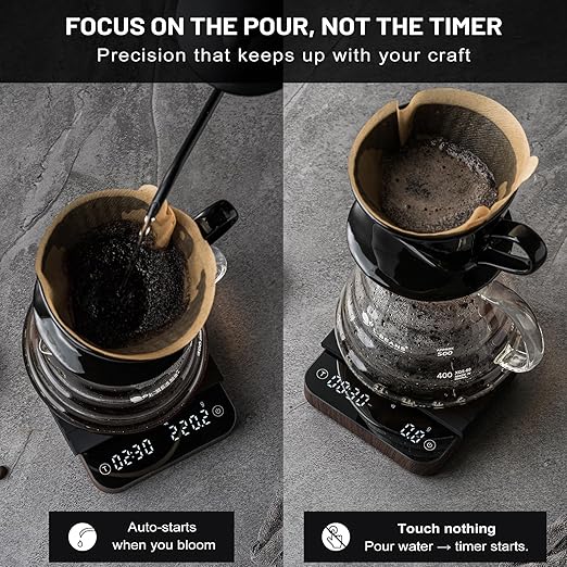 KitchenTour Caf챕Metric Coffee Scale with Timer 0.1g/2000g - Precision Scale for Espresso & Pour Over - Water Flow Speed Mode and Coffee Powder-to-Liquid Ratio Mode - Rechargeable, LCD Display-Wood