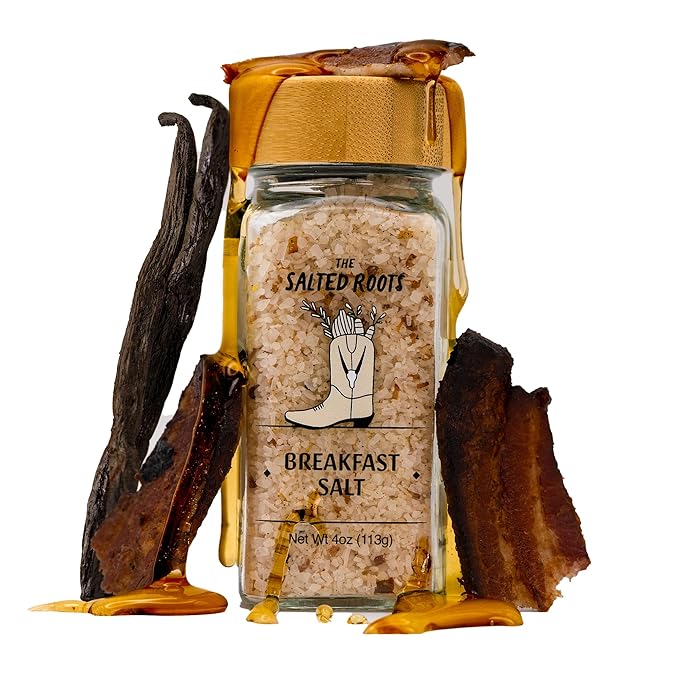 The Salted Roots - Breakfast Salt - Whiskey-Infused with Real Maple, Vanilla Bean & Applewood-Smoked Bacon - Sweet & Savory Seasoning for Eggs, Avocado Toast & Brunch Dishes - 4oz Jar