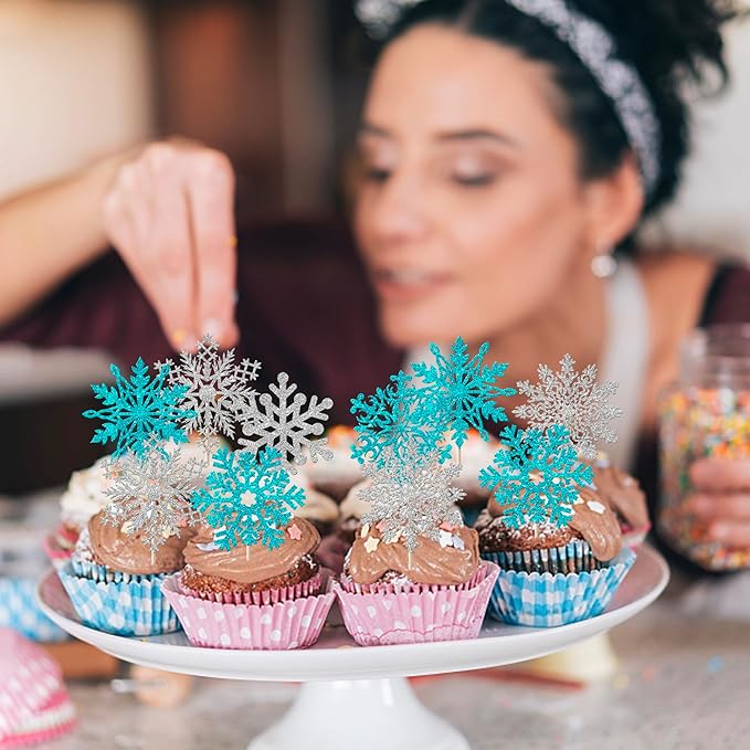 Rsstarxi 24 Pack Snowflake Cupcake Toppers Glitter Winter Wonderland Snowflake Theme Cupcake Picks Decoration for Baby Shower Kids Birthday Christmas Party Cake Decorations Silver Blue