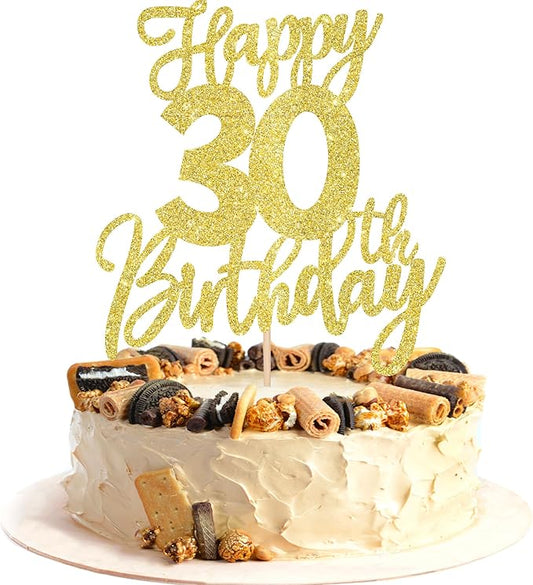 1 PCS Happy 30th Birthday Cake Topper Glitter Cheers to 30 Years Birthday Cake Pick Thirty Hello 30 Fabulous Cake Decoration for Happy 30th Birthday Anniversary Party Decorations Supplies Gold