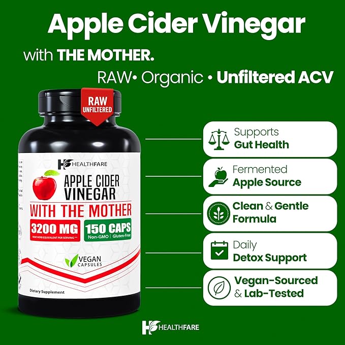 Apple Cider Vinegar Capsules with the Mother | 3200mg Raw, Organic & Unfiltered ACV | 150 Vegan Pills | Maximum Strength Supplement for Detox & Digestion | Non-GMO, Gluten-Free, Made in USA