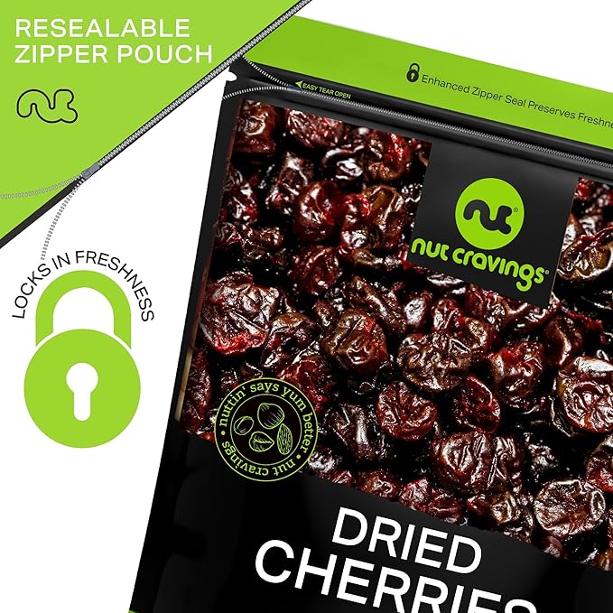 NUT CRAVINGS - Sun Dried Sour Tart Cherries, Lightly Sweetened, Unsulphured (80oz, 5 LB) Bulk Dry Fruits Packed Fresh in Resealable Bag - Sweet Healthy Snack, Naturally Grown, Vegan, Kosher