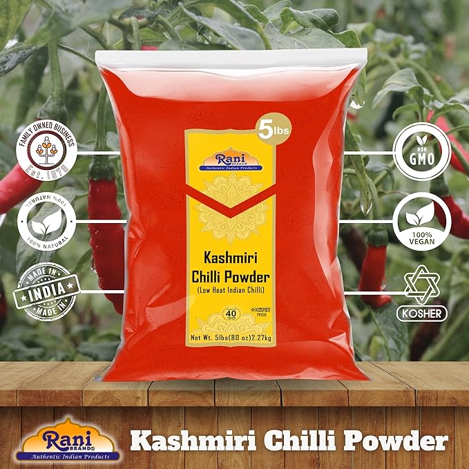 Rani Kashmiri Chilli Powder (Deggi Mirch, Low Heat) Ground Indian Spice 80oz (5lbs) 2.27kg Bulk ~ All Natural | Salt-Free | Vegan | No Colors | Gluten Friendly | NON-GMO | Kosher | Indian Origin