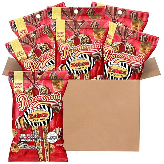 Popcornopolis Zebra Popcorn, Caramel Corn with Chocolate Flavored Stripes, Multipack, 12 Individual Bags, 3 Ounces Each