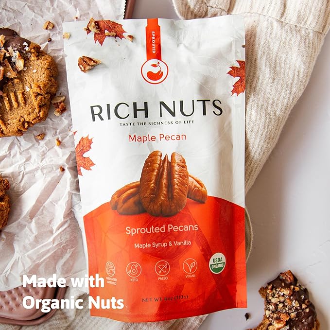 Rich Nuts Maple Pecan Gourmet Sprouted Pecans | Vegan, Paleo, Keto | Made with Maple Syrup, Vanilla Extract and Sea Salt | Non-Roasted from Dehyrdated Germinated Raw, Whole Pecans | 4 Oz Bag (2 Pack)