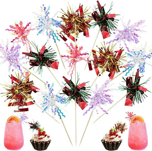 50 Pcs Foil Firework Cupcake Toppers, Glitter Sparkle Tinsel Frill Toothpicks for Cake Cocktail Food Fruit Decoration (Red, Green, Orange, Bright Purple, White)