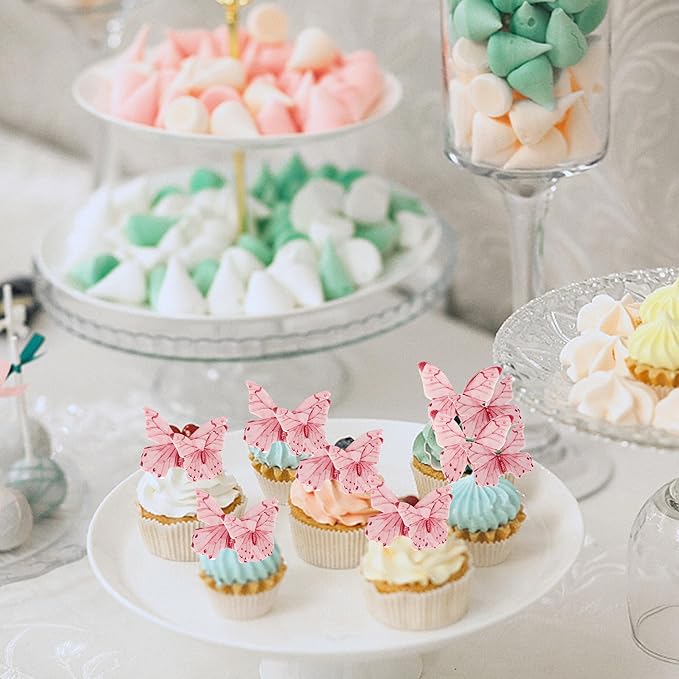 40 Pack Edible Butterfly Cake Decorations, Cupcake Toppers, Birthday Party Decorations for Wedding, Anniversary, Flower Themed Party - Pink