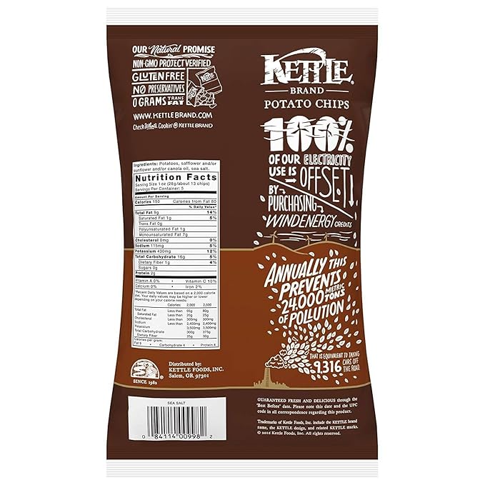 Kettle Brand Potato Chips, Sea Salt, 5 Ounce (Pack of 8)