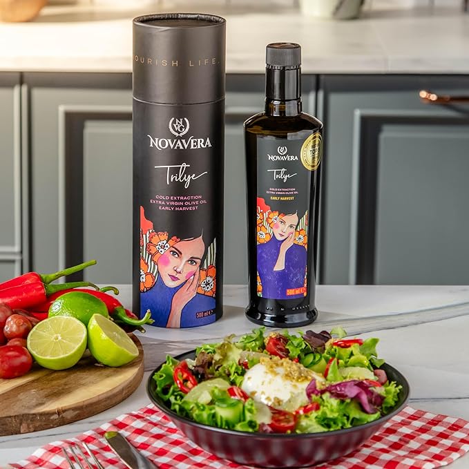NVG NOVAVERA Trilye Polyphenol Rich Olive Oil, Medium, Pungency and Fruitiness With a Peppery Finish Extra Virgin Olive Oil, Evoo World Ranking Top 5, Low Acidity, Organic Agriculture , Early Harvest, Cold Pressed, 16.9 oz