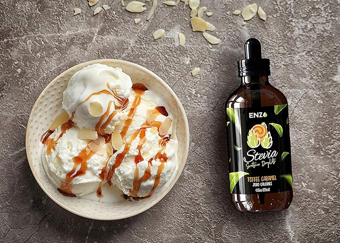 Enzo Liquid Stevia Drops Our Zero Calories Sweetener (4oz - 800 Servings/Bottle) - Toffee Caramel - All Natural flavoring with No Artificial Additives & Filler Ingredient