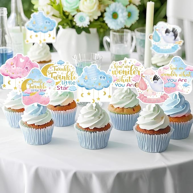 24Pcs Star Baby Shower Cupcake Toppers, Twinkle Twinkle Little Star Cupcake Decorations, Moon Cloud Party Supplies, Gender Reveal Decor