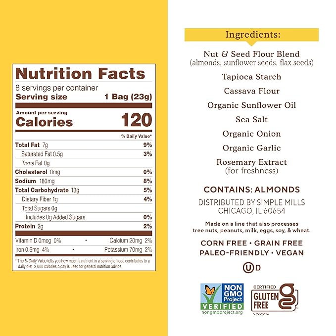 Simple Mills Almond Flour Crackers Snack Packs, Sea Salt, Gluten Free, Flax Seed, Sunflower Seeds, Corn Free, Good for Snacks, 6.5 oz, Pack of 1 (8 Bags per Box)