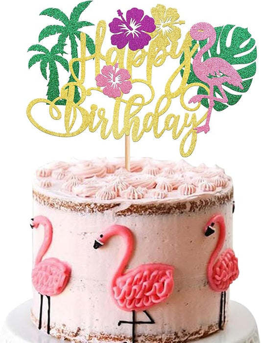 Rsstarxi 1 Pack Flamingo Happy Birthday Cake Topper Glitter Flamingo Cake Decoration Palm Tree Turtle Leaf Flower Flamingo Cake Pick for Tropical Hawaiian Luau Baby Shower kids Birthday Party Decor