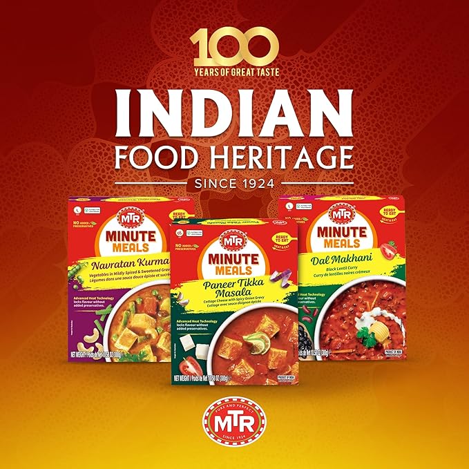 MTR - Minute Meals: Paneer Tikka Masala - Cottage Cheese with Spicy Onion Gravy - Tasty Indian Meal with No Added Preservatives - A Quick Meal Suitable for Vegetarians, Ready in Minutes! (Pack of 6)