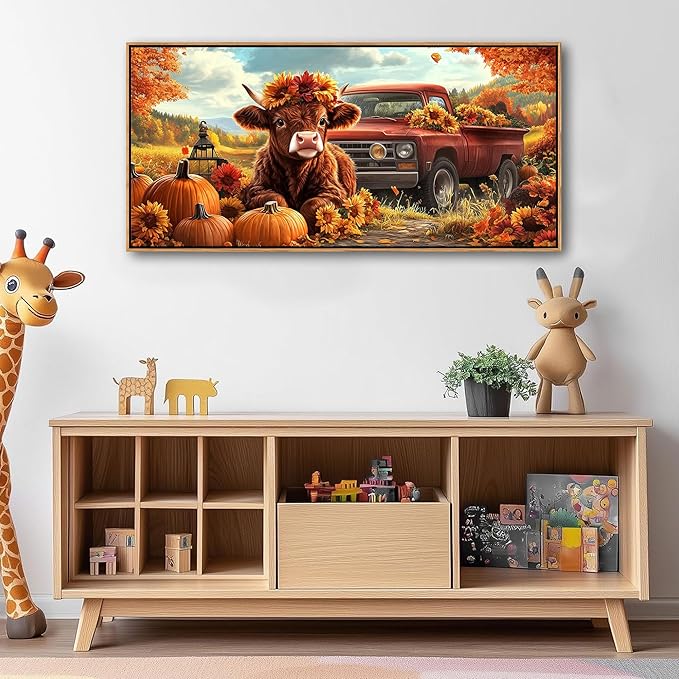 QZQCBLC Large Fall Wall Art - Orange Retro Farm Landscape Paintings Artwork Red Truck Cute Cow Pumpkins Sunflowers Rustic Autumn Canvas Picture for Living Room Bedroom Office Home Decor 24"X48"