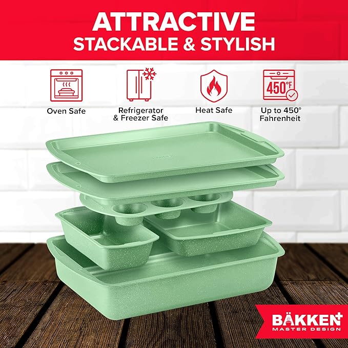 BAKKEN Kitchen Baking Pan Set - Nonstick Green Marble Coating, Commercial Grade Carbon Steel Bakeware Sets, Baking Kitchen Essentials, PFOA, PFOS, PTFE Free, Oven Safe Tray (Up To 450° F), Set of 6