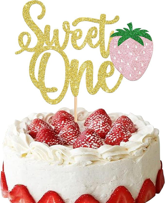1 Pack Sweet One Cupcake Topper Glitter First Birthday Strawberry Cake Pick for Fruit Baby Shower 1st Birthday Berry Sweet Party Cake Decorations Supplies Gold 2