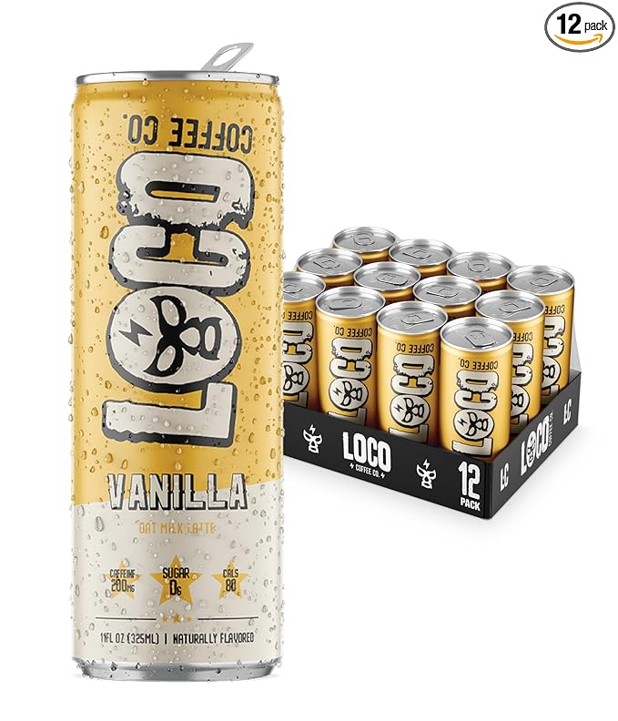 Loco Coffee Vanilla Latte 11 Ounce Can, 12 Count | Zero Sugar, 200mg Caffeine | Gluten Free and Dairy Free | Low Calorie Iced Coffee