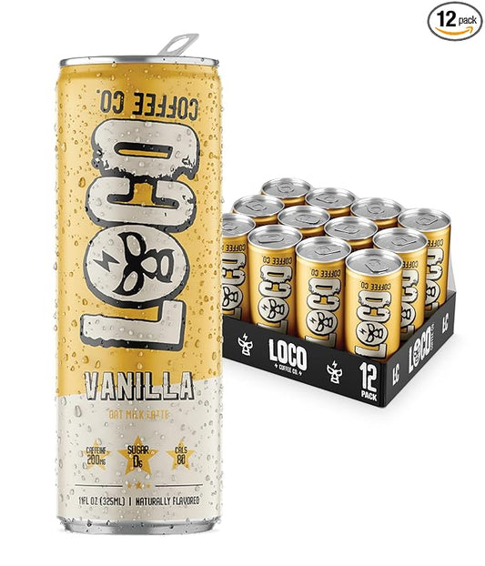 Loco Coffee Vanilla Latte 11 Ounce Can, 12 Count | Zero Sugar, 200mg Caffeine | Gluten Free and Dairy Free | Low Calorie Iced Coffee