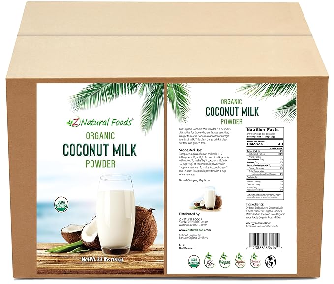 Z Natural Foods Organic Coconut Milk Powder - All-Natural Vegan Dairy-Free Alternative with MCTs - Unsweetened Coconut Creamer for Coffee & Smoothies - Gluten-Free, Non-GMO, 33 lbs