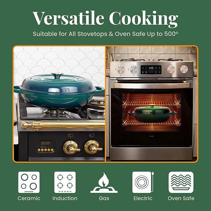 Larder & Vine Enameled Cast Iron Braiser | 3.6 qt Braiser Pan with Lid | Shallow Dutch Oven Compatible on All Cooktops | Casserole Dish Oven Safe to 500ì§?F | Dual Handles | Bondi